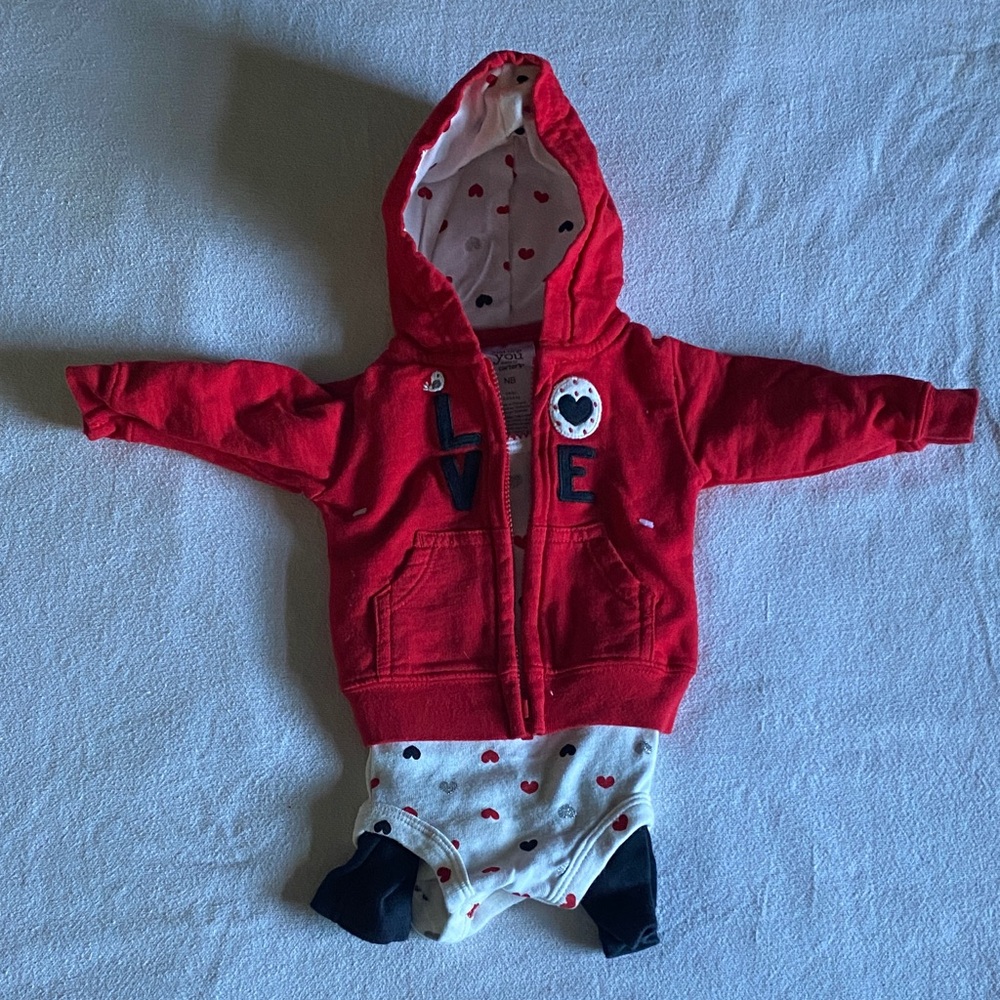 Carters Red Baby Hoodie, Heart bodysuit, and black leggings outfit.